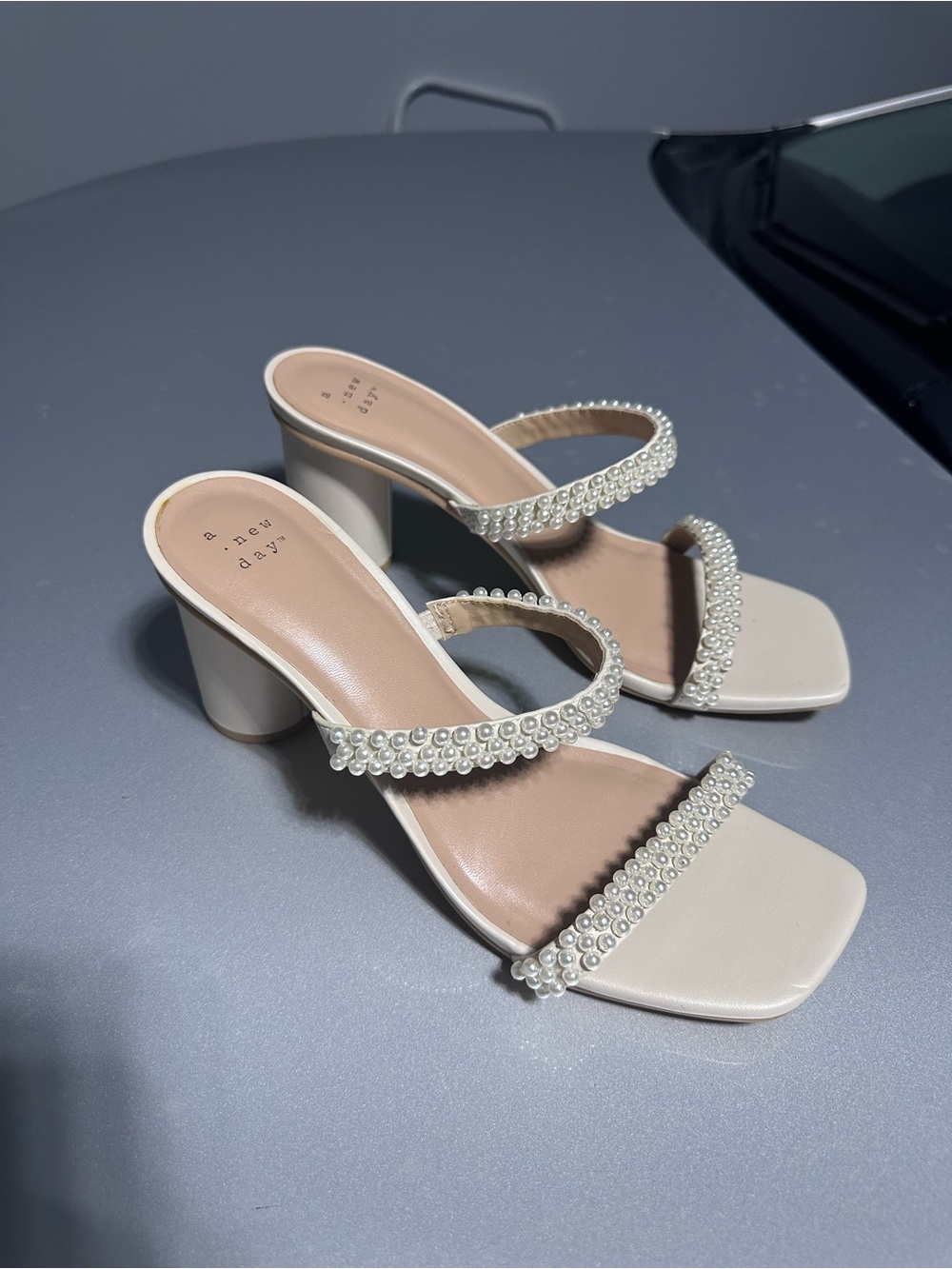 Pearl-Embellished Cream Block Heel Sandals - Women
